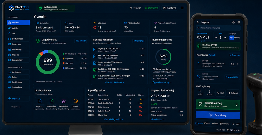 StockCore WMS med Windows-dashboard, Android-app och scanner